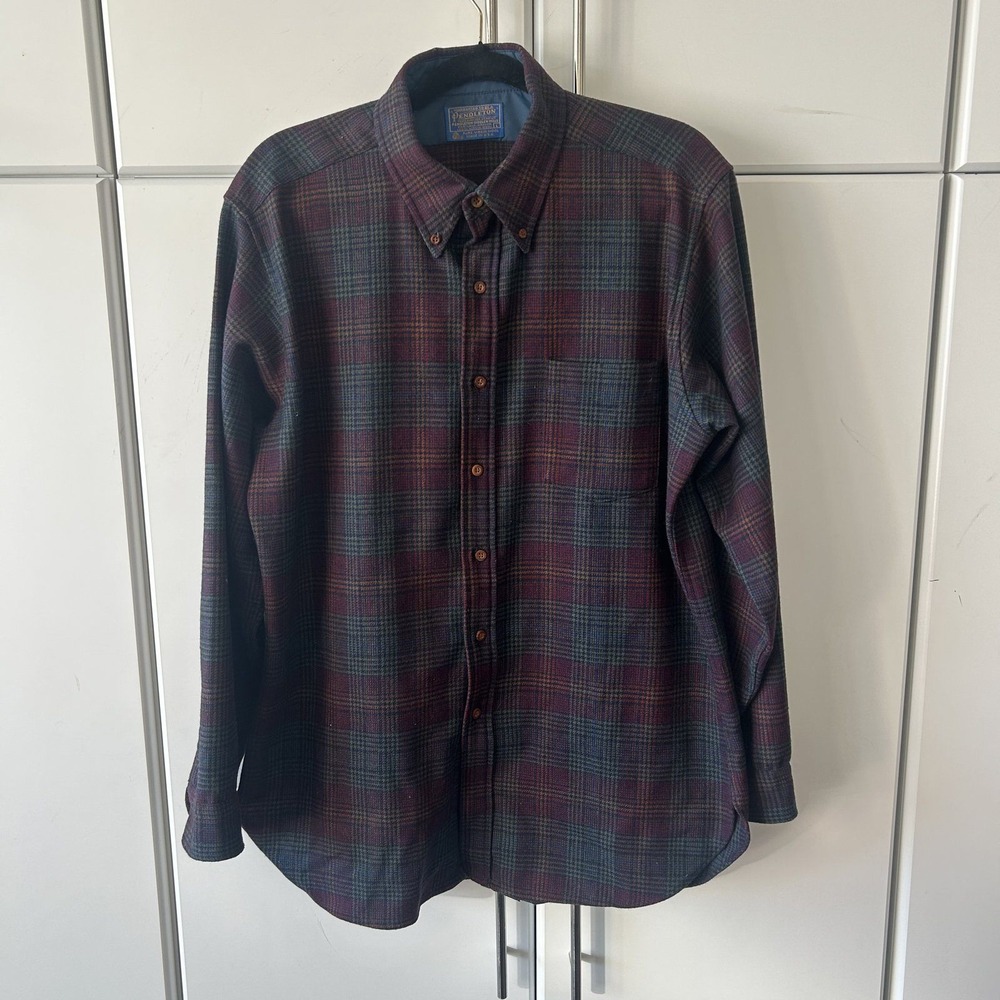 Vintage Pendleton Mens Wool Plaid Button Down Shirt Maroon Green Large USA Made